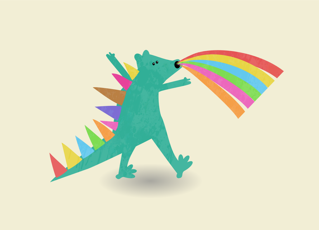 dinosaur, tyrannosaurus, beast, nature, spikes, reptile, monster, animal, rainbow, wildlife, cute, dino, dragon, t rex, raptor, stegosaurus, spine, cartoon, funny, cuteness, colorful