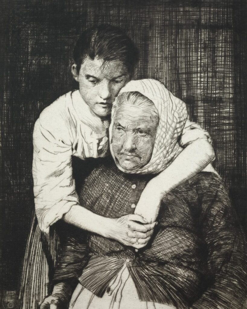 Young girl hugs elderly woman from behind